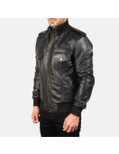 Agent Shadow Black Leather Bomber Jacket