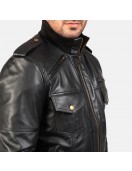 Agent Shadow Black Leather Bomber Jacket
