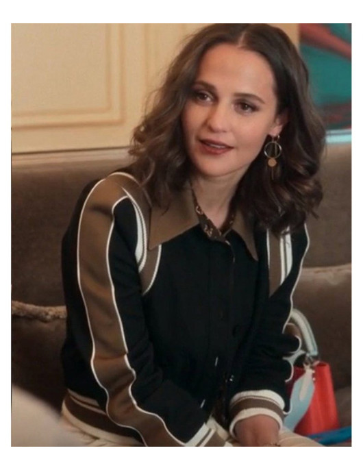 Alicia Vikander Irma Vep Mira Varsity Wool Black and Brown Jacket