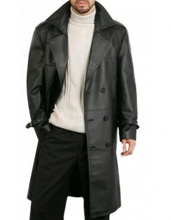 Augusta Guys Black Double Breasted Leather Overcoat Augusta Guys Black Double Breasted Leather Overcoat