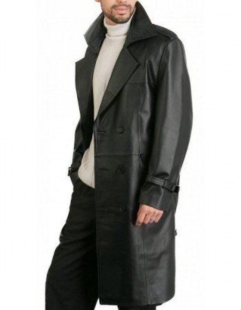 Augusta Guys Black Double Breasted Leather Overcoat