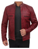 Austin Maroon Distressed Café Racer Leather Jacket Men's