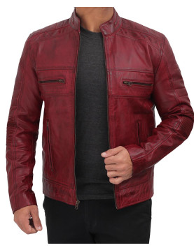 Austin Maroon Distressed Café Racer Leather Jacket Men's