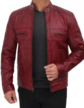 Austin Maroon Distressed Café Racer Leather Jacket Men's Austin Maroon Distressed Café Racer Leather Jacket Men's