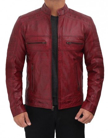 Austin Maroon Distressed Café Racer Leather Jacket Men's