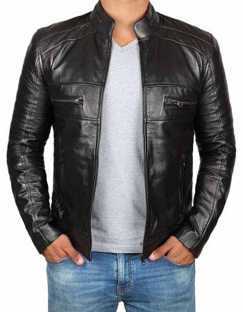 Austin PU Mens Black Cafe Racer Leather Jacket