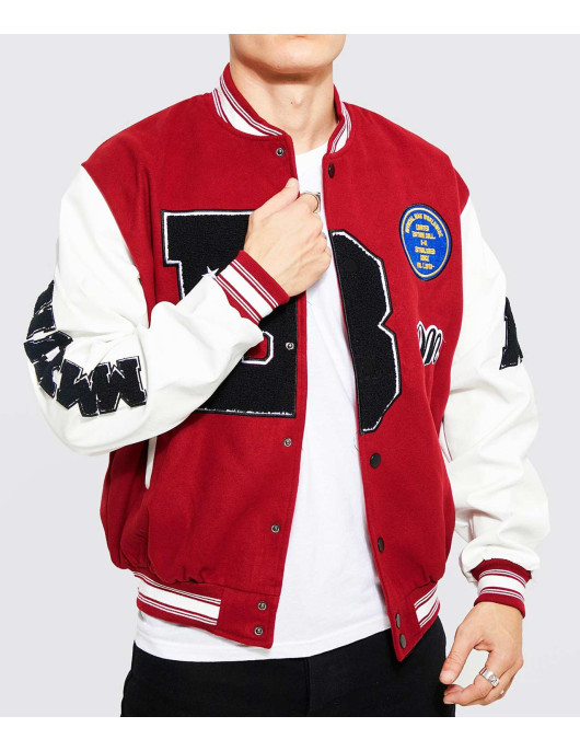 B Patch Varsity Bomber with Leather Look Sleeves