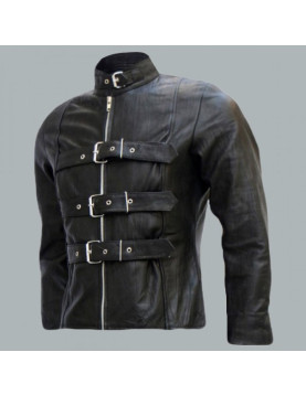 Belted Men's Black Leather Biker Jacket