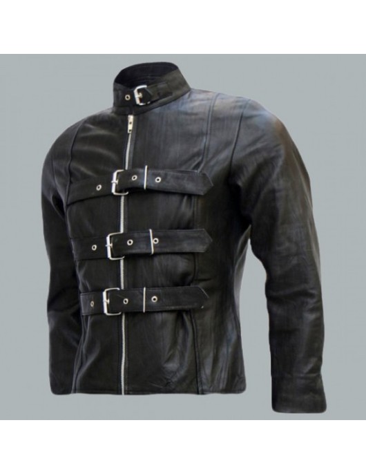 Belted Men's Black Leather Biker Jacket