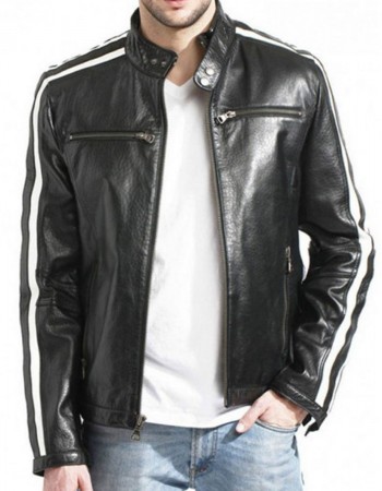 Biker Men’s White Stripes Black Leather Jacket