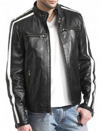 Biker Men’s White Stripes Black Leather Jacket Biker Men’s White Stripes Black Leather Jacket