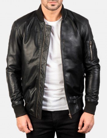 Bomia Black Leather Bomber Jacket