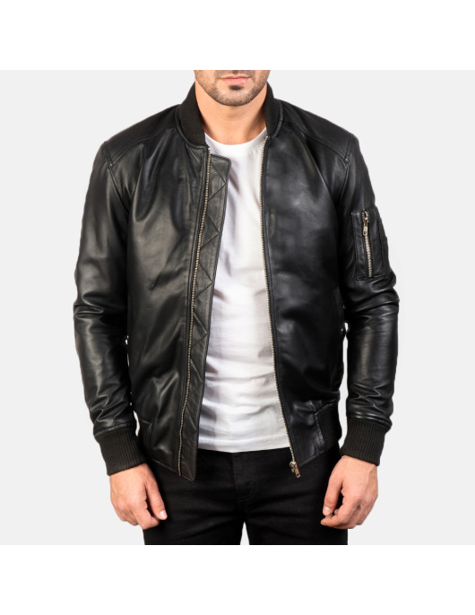 Bomia Black Leather Bomber Jacket