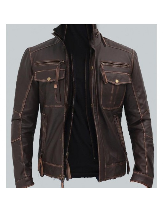 Brown Mens Distressed Leather Motorcycle Jacket