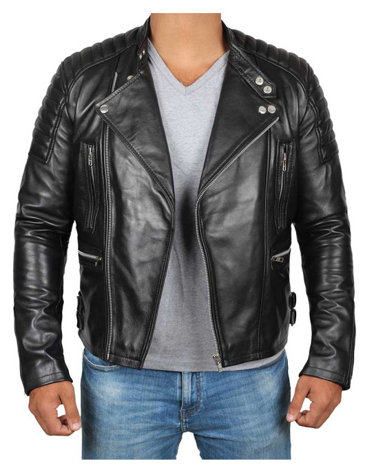 Darin Mens Black Quilted Motorcycle Asymmetrical Leather Jacket