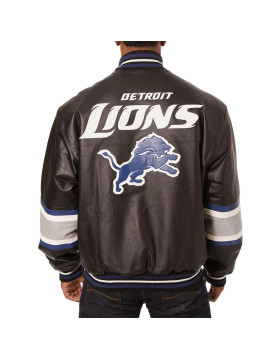Detroit Lions Striped Varsity Black Leather Jacket