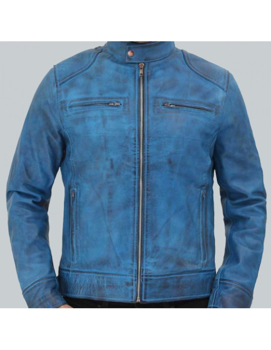 Dodge Cafe Racer Sky Blue Leather Jacket