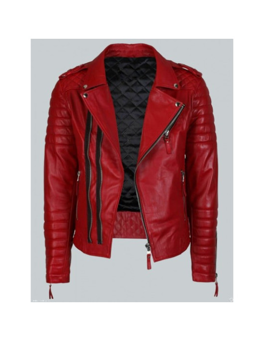 Double Breasted Mens Red Leather Biker Jacket