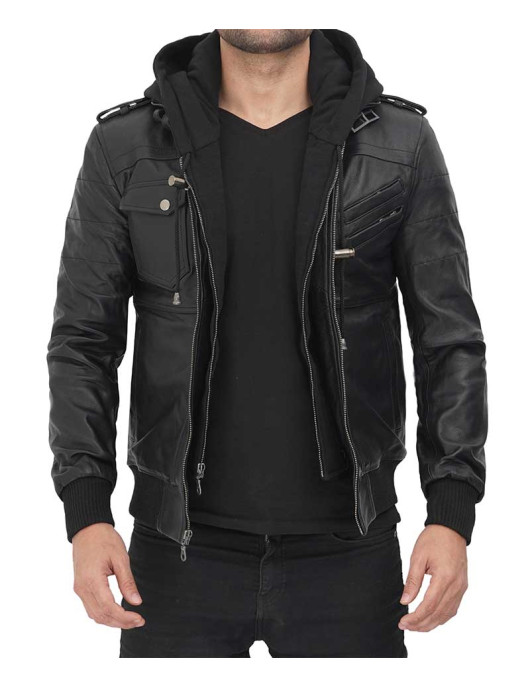 Edinburgh Black Hooded Leather Jacket