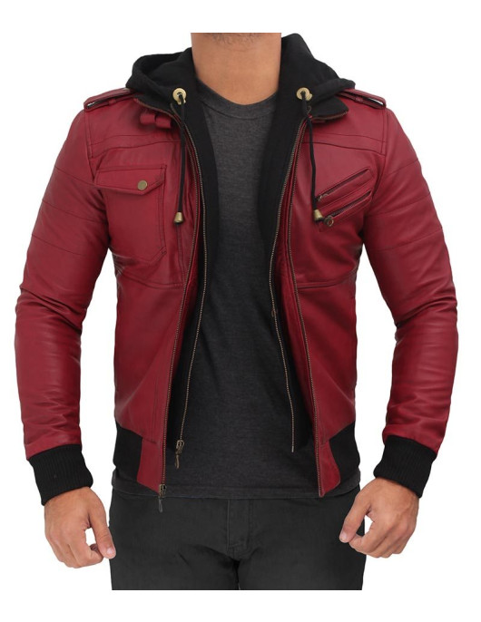 Edinburgh Maroon Hooded Leather Bomber Jacket Mens