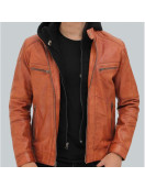 Edward Mens Tan Leather Jacket with Hood