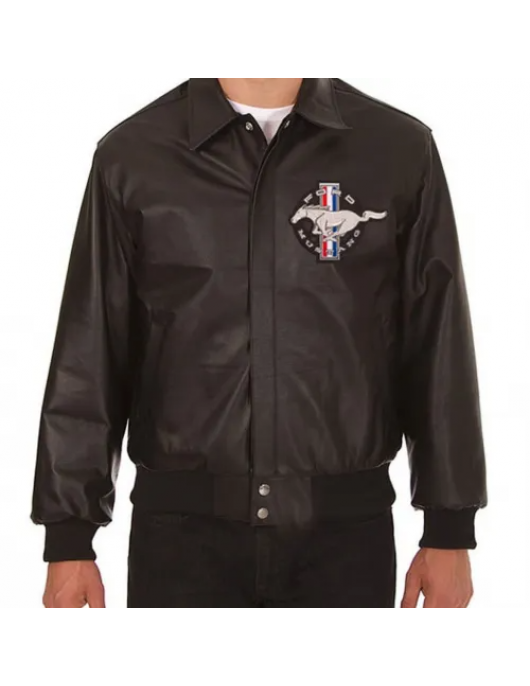 Embroidered Ford Mustang Bomber Black Leather Jacket
