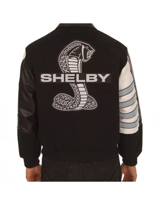 Embroidered Shelby Wool Black and Gray Leather Jacket