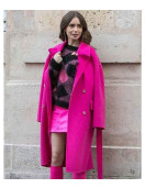 Emily in Paris Lily Collins Pink Wool Belted Coat