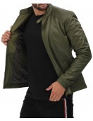 Fano Mens Army Green Snap Collar Leather Cafe Racer Jacket