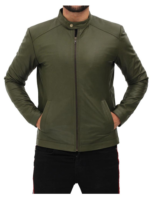 Fano Mens Army Green Snap Collar Leather Cafe Racer Jacket