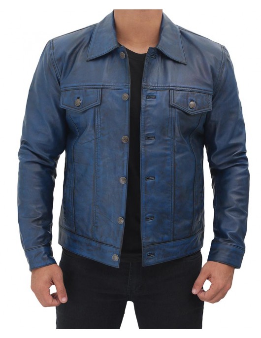Fernando Mens Distressed Blue Trucker Leather Jacket