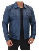 Fernando Mens Distressed Blue Trucker Leather Jacket