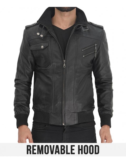 Ferndale Black Hooded Bomber Leather Jacket