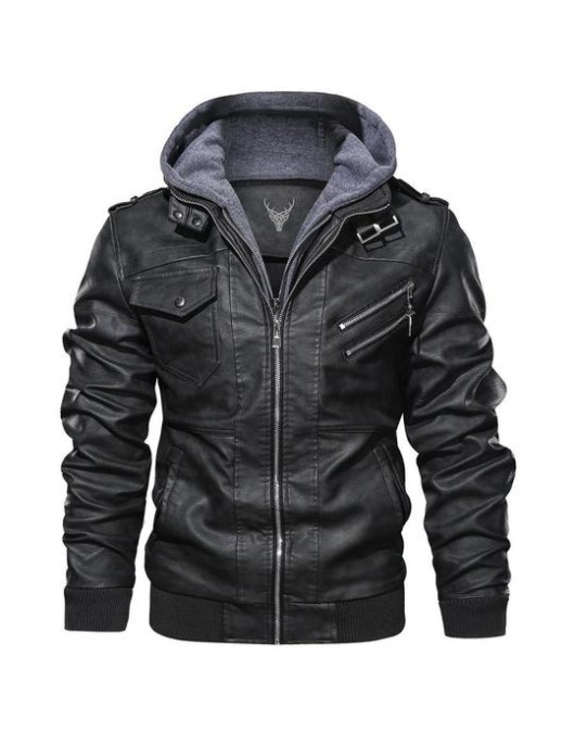 Ferndale Black Leather Jacket with Hood Mens