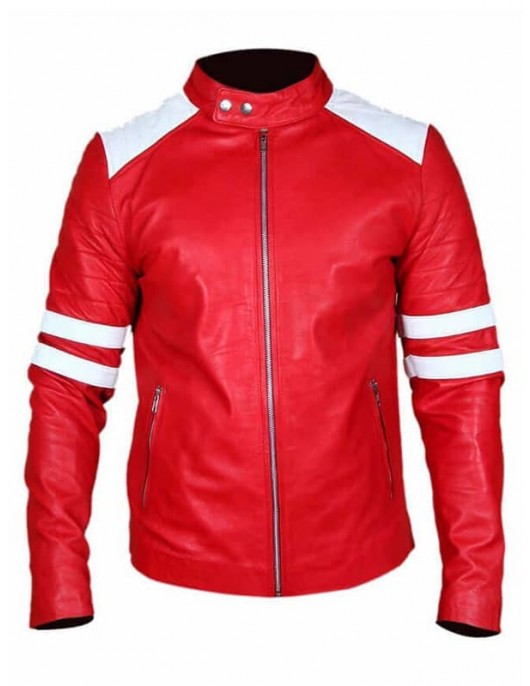 Fight Club Brad Pitt Leather Coat Jacket Red and White Strip