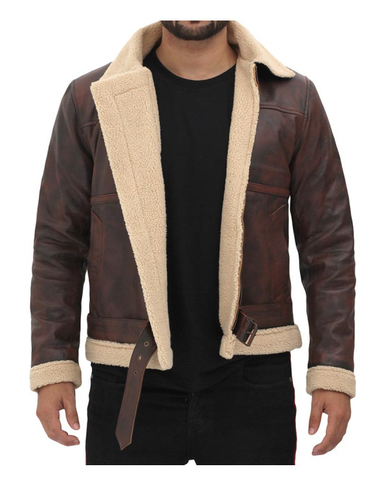 Foligno Brown Distressed Shearling Bomber Leather Jacket