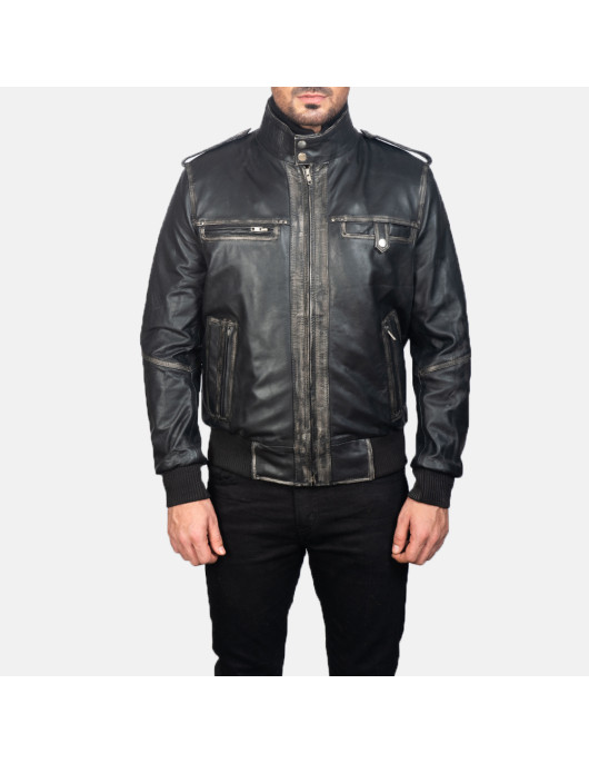 Glen Street Black Leather Bomber Jacket