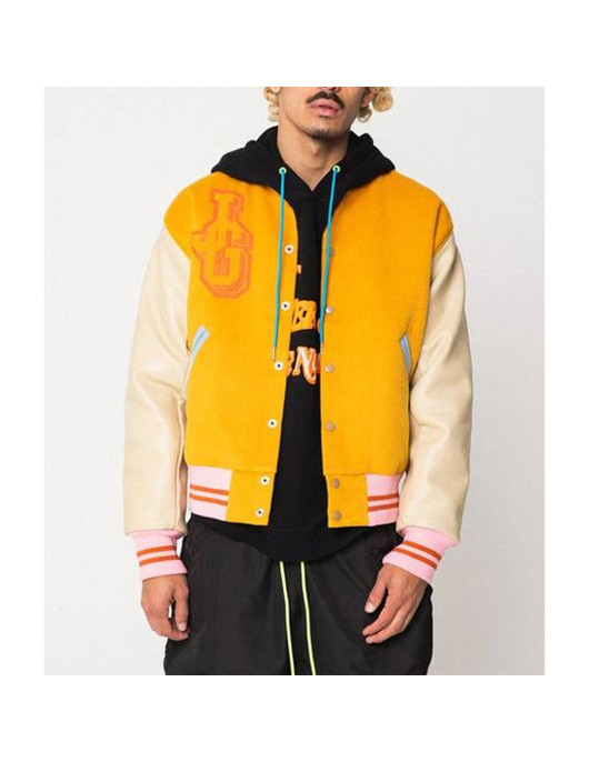 John Geiger Gold and Beige Varsity Jacket