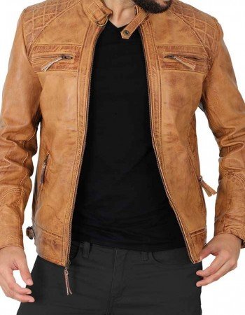 Johnson Quilted Distressed Camel Leather Jacket Mens Johnson Quilted Distressed Camel Leather Jacket Mens