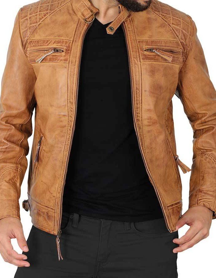 Johnson Quilted Distressed Camel Leather Jacket Mens Johnson Quilted Distressed Camel Leather Jacket Mens