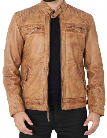 Johnson Quilted Distressed Camel Leather Jacket Mens