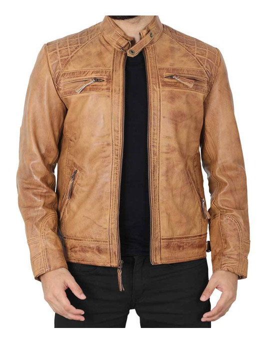 Johnson Quilted Distressed Camel Leather Jacket Mens