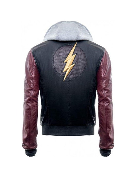 Justice League Barry Allen Flash Leather Jacket With Fleece Hood