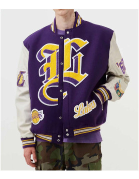 LA Lakers Letterman Purple Wool and White Leather Jacket