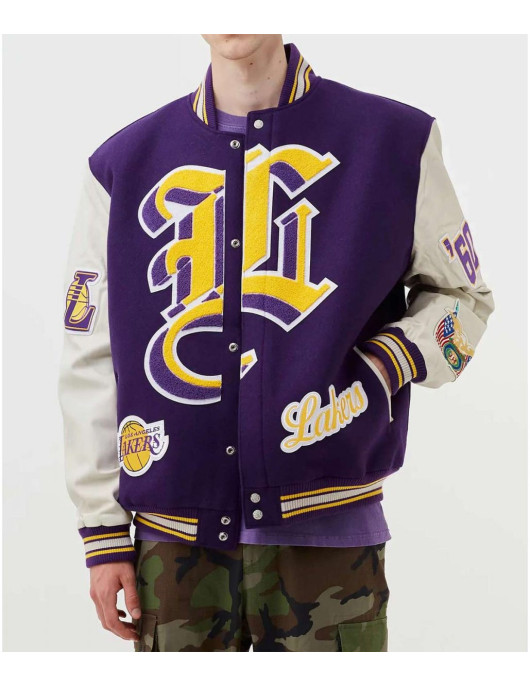 LA Lakers Letterman Purple Wool and White Leather Jacket