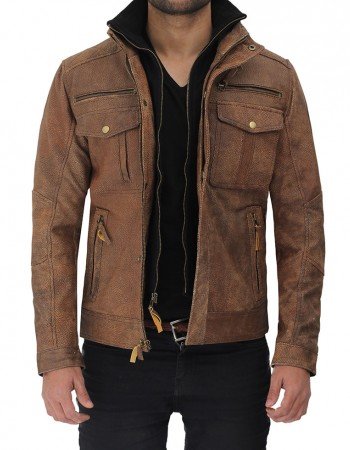 Light Brown Six Pocket Distressed Leather Jacket