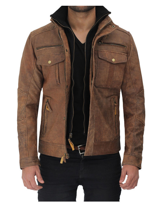 Light Brown Six Pocket Distressed Leather Jacket