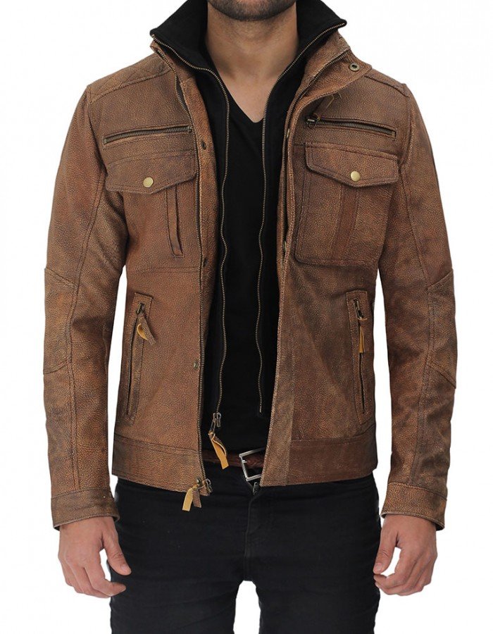 Light Brown Six Pocket Distressed Leather Jacket Light Brown Six Pocket Distressed Leather Jacket