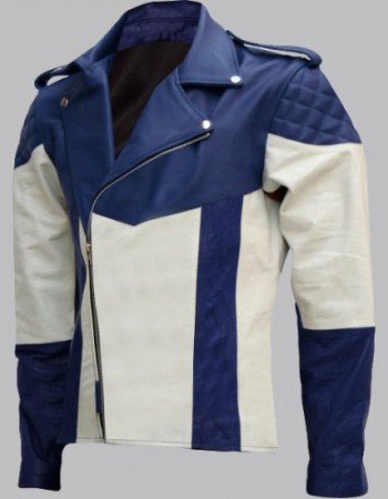 Men Blue and White Biker Leather Jacket