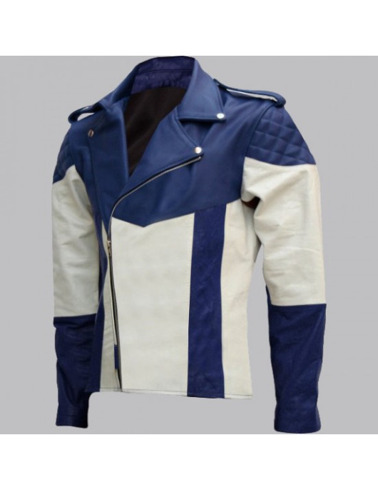 Men Blue and White Biker Leather Jacket